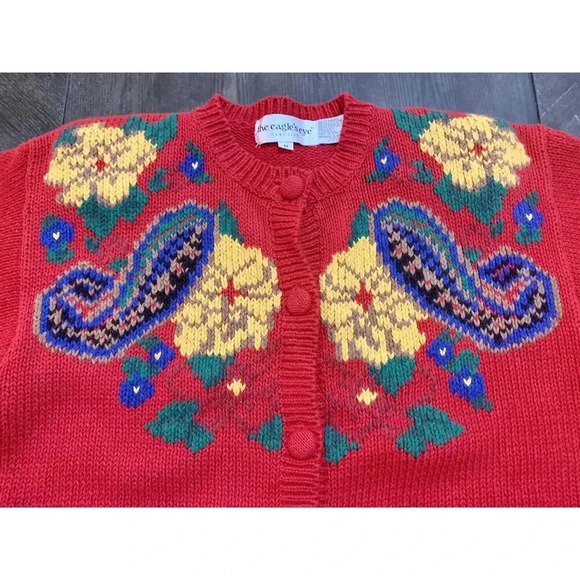 Vintage The Eagle's Eye Sweater Hand Knit Teacher School Cardigan Flowers SZ M - Picture 4 of 9